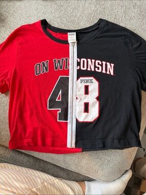 PINK Victoria's Secret Red & Black Split 'On Wisconsin' Zip Crop Tee